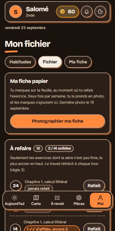 L'onglet Fichier, avec les exercices à refaire, les séries de marques et la photo de la fiche papier