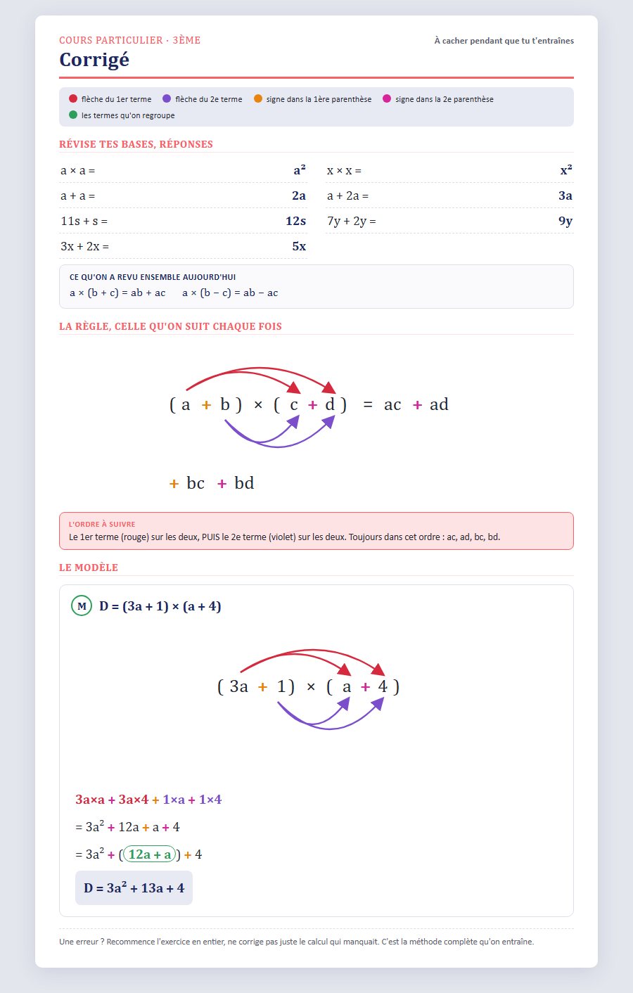Page corrigé d'une fiche d'exercices sur la distributivité, avec les flèches de couleur de la séance